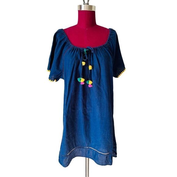 Women's J Crew Navy Boho Shift Dress Cover Up Tassel Tie Size M - Picture 1 of 10